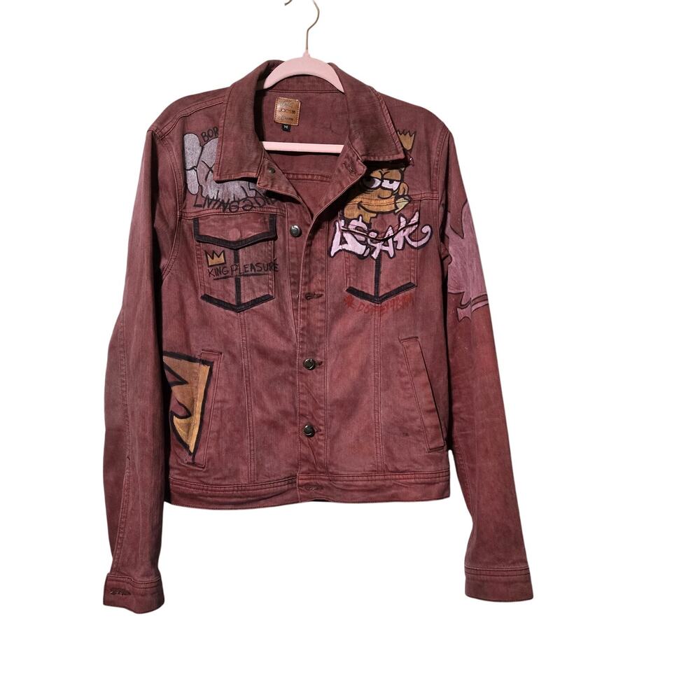 Joe's Denim‎ Jacket M Red Graffiti Street Art Bart Simpson Painted Brooklyn 1996